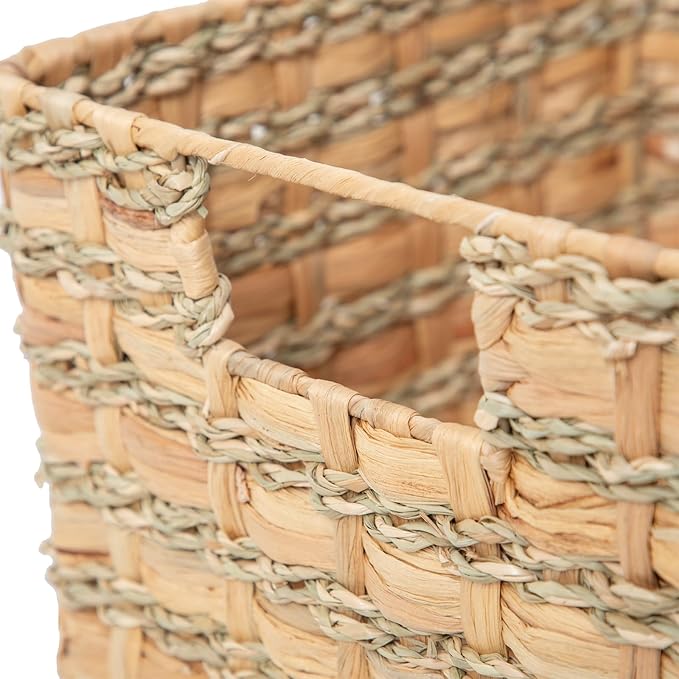 Handmade Square Water Hyacinth and Seagrass Storage Basket - Artisan Woven Rustic Organizer with Metal Frame for Home Decor, Shelf, and Closet (Small(10.6"x10.6"x6.7"H))