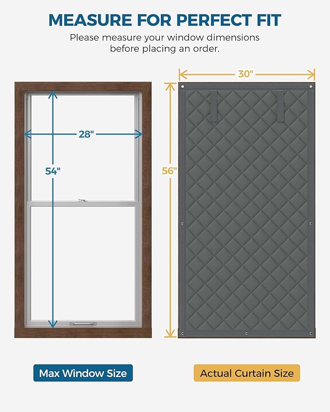 Window Insulation for Winter, Curtain Size 30 x 56 Inch, Thermal Insulated Window Cover Kit, Oxford Cloth Thick Cotton Filled, Fits up to 28'' × 54'' Windows, Grey