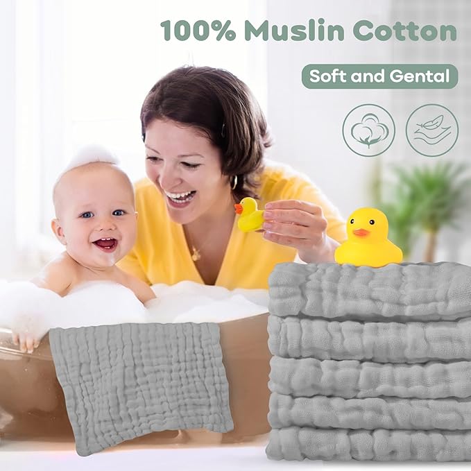 Yoofoss Muslin Baby Washcloths 100% Organic Cotton Face Towels 6 Pack Wash Cloths for Baby 12x12in Soft and Absorbent Baby Wipes (Grey)