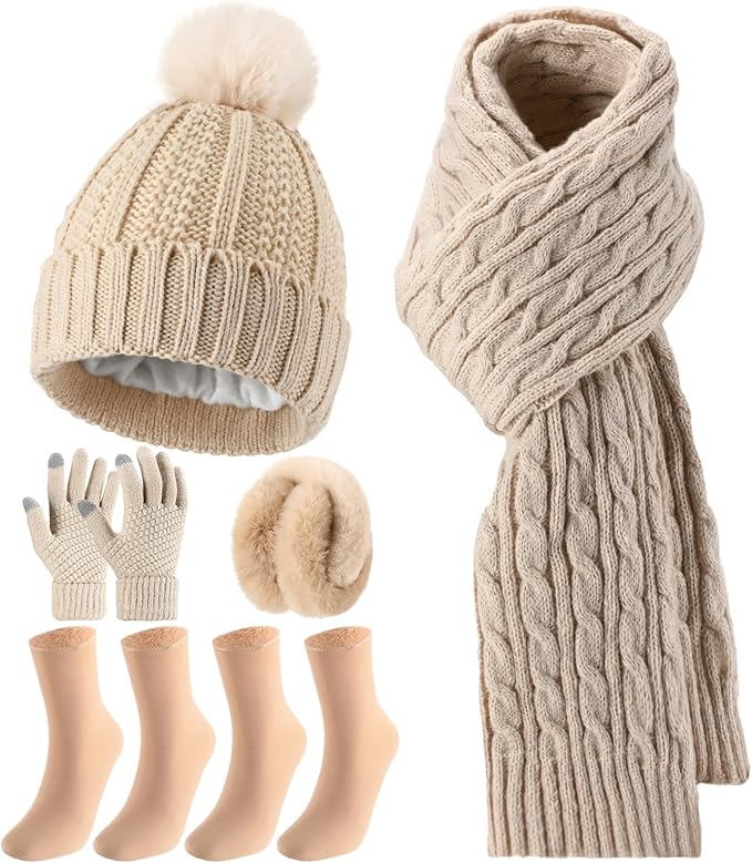 Geyoga 6 Pcs Winter Warm Set for Women Warm Beanies Hats Touchscreen Gloves Long Scarf Ear Muffs Socks Winter Gifts for Women