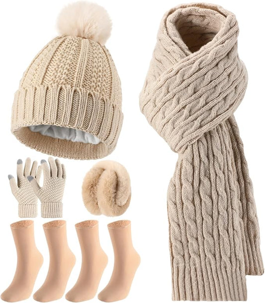 Geyoga 6 Pcs Winter Warm Set for Women Warm Beanies Hats Touchscreen Gloves Long Scarf Ear Muffs Socks Winter Gifts for Women