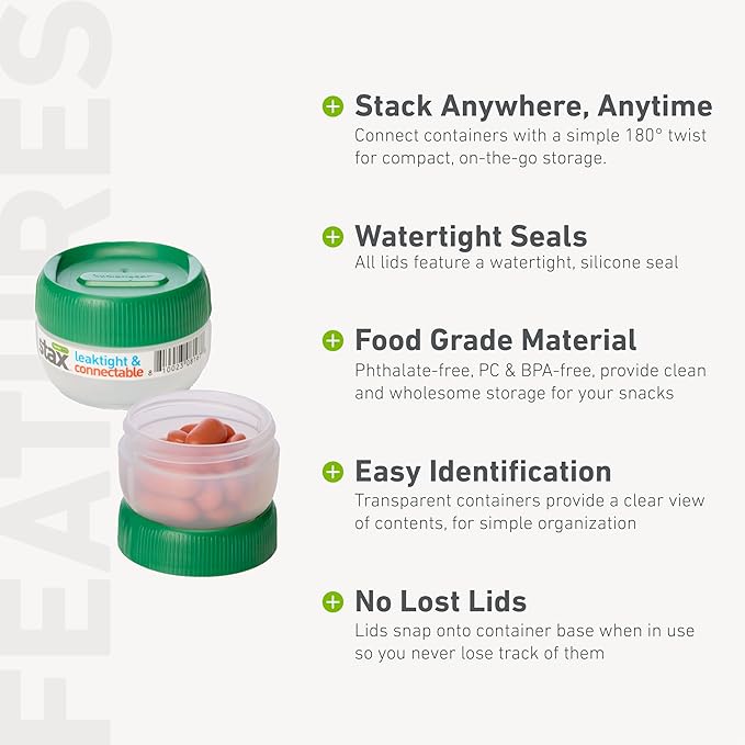 humangear STAX, Stackable Snack Containers - Leak-Proof Snack Travel System - FDA-Food Safe, BPA/PC/Phthalate-Free - Stackable & Click-Together Food Storage, Small Short 12-Pack, Clear/Forest Green