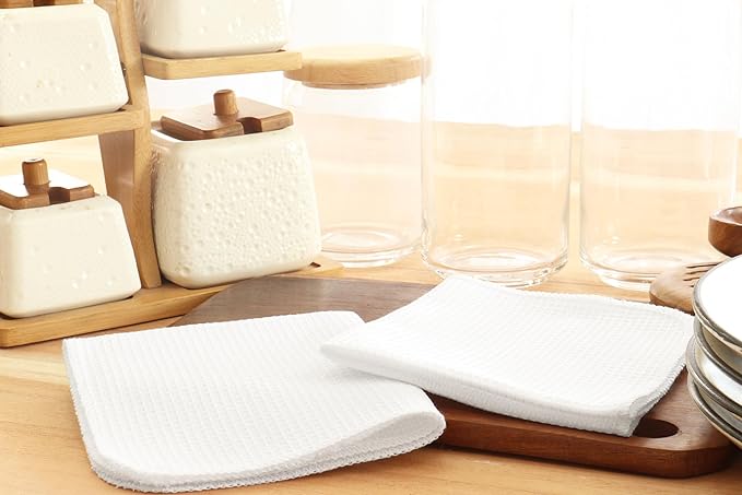 PurpleEssences Dish Cloths and Dish Rags - 6 Pack Waffle Weave Solid Kitchen Dish Wash Cloths, 100% Cotton, 12 x 12 Inches, Ultra Soft Absorbent Quick Drying - Christmas Holiday Winter - White