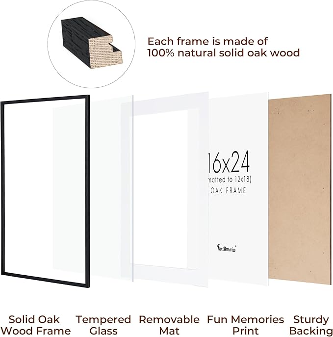 Fun Memories Black 16x24 Picture Frame, Oak Wood 16 x 24 Poster Frames Set of 2, Rustic 16 by 24 Frame for Wall, 16x24 Frame with Mat for 12x18, Tempered Real Glass