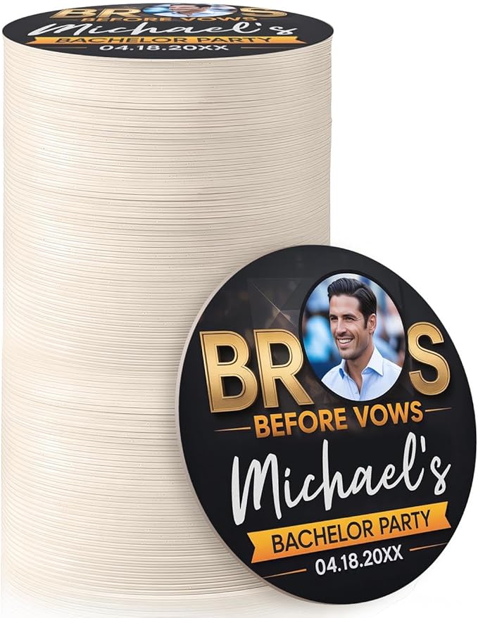 100 Pack Personalized Bachelor Party Coasters, Custom Cardboard Drink Coasters with Photo Print and Text, Fun Bachelor Party Favors and Gifts, 3.95" Round, Design 1