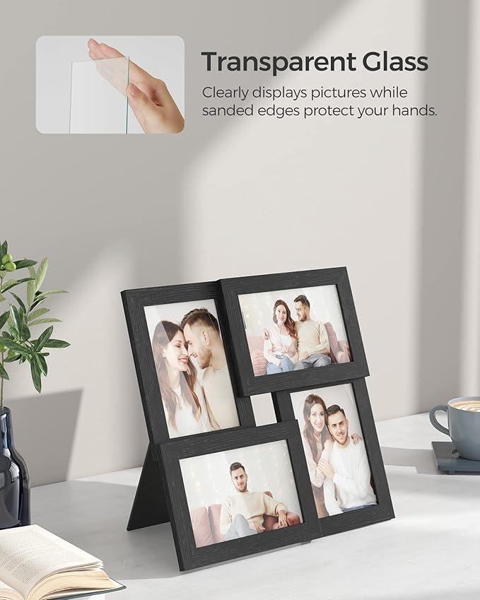 SONGMICS 4x6 Collage Picture Frames, Family Photo Collage Frame Set of 4 for Wall Decor, Glass Front, Wall Hanging or Tabletop, Christmas Gift, Ink Black URPF25BK