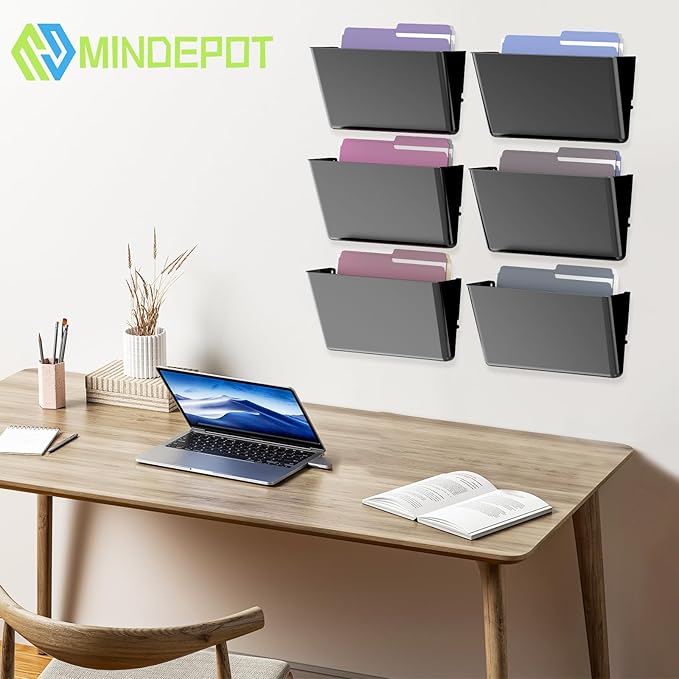 6 Pockets Acrylic Wall File Organizer, Clear Wall File Holder, Plastic Hanging Wall File Holder for Office, School and Home, Black