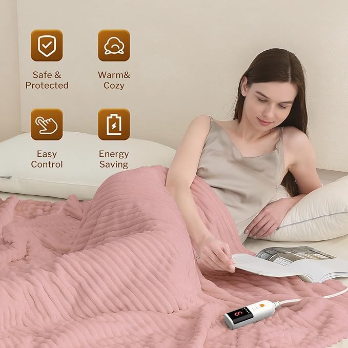 Reaks Electric Heated Blanket Full Size, Silky Soft Flannel & Sherpa Heating Blanket with 9 Heat Levels & 2-10 Hours Auto Off, Warm Gifts for Women Mom Grandma, ETL Certified (72x84 inches, Pink)