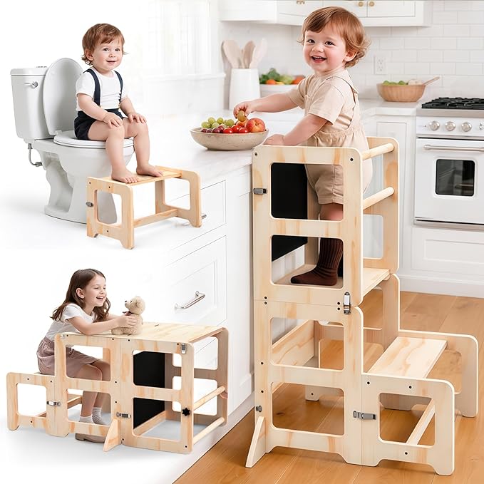 Toddler Kitchen Step Stool, 4-in-1 Foldable Standing Tower with Blackboard, Toddler Step Stool for Bathroom Sink, Kitchen Counter, Ages 18 Months+