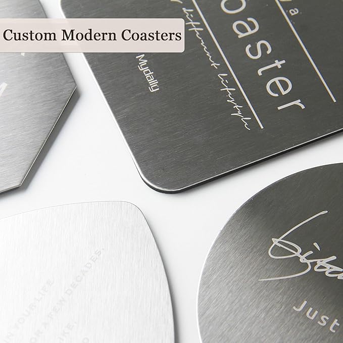Personalized Coasters,Stainless Steel Coaster with Sponge Bottom,Engraved Drink Coasters with Logo/Name, Modern Coasters for Restaurant, Bar, Housewarming or Wedding Gift, Set of 6 (Silver, Round)