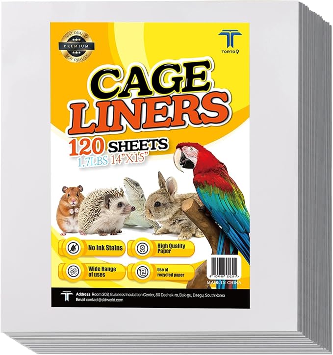 T TORTO9 Bird Cage Liner - 120 Paper Sheets, 14" x 15", 1.7 lb - Ideal for Pet Habitats, Bulk Pack for Long-Lasting Use, Newsprint Texture, Convenient Parcel Packaging