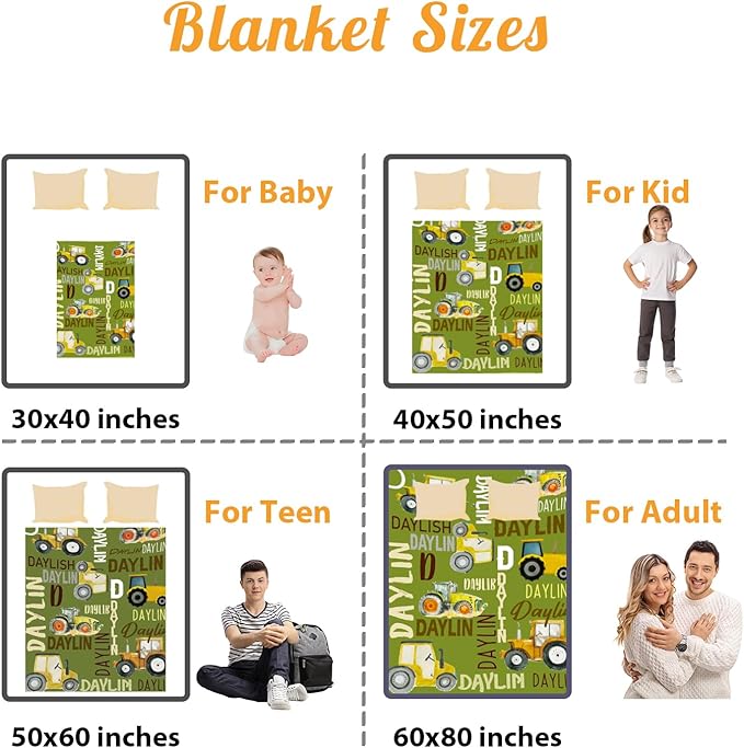 Personalized Tractors Blanket - Custom Name with Farm Tractor Trucks Design - Soft Plush Flannel Bed Blanket for Baby Kid Teen Boys Girls Customized Gifts Olive Green & Yellow
