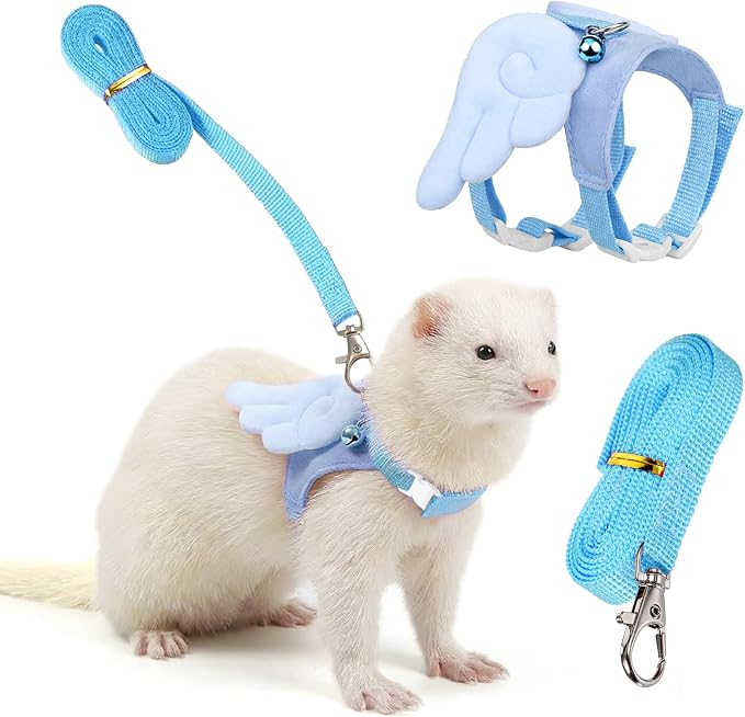 Ferret Harness and Leash Set Small Animals Vest Harness Soft-Harness Leash Vest Set with Bell Guinea Pig Clothes for Baby Ferret Rats Hamster Teacup Chihuahua Mouse Small Pet(Blue)