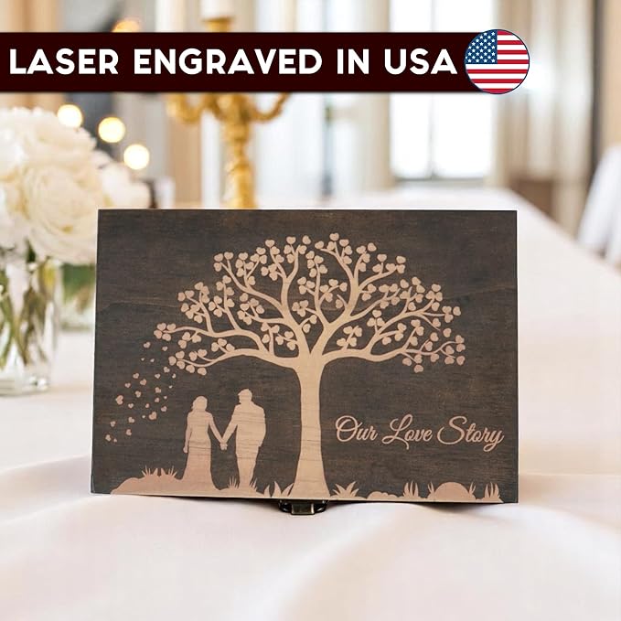 Engraved Wedding Memory Box – Wooden Keepsake Box for Bride & Groom, Marriage Vows, or First Anniversary – Medium Size – Dark Walnut – 8.5 x 6 x 3 in