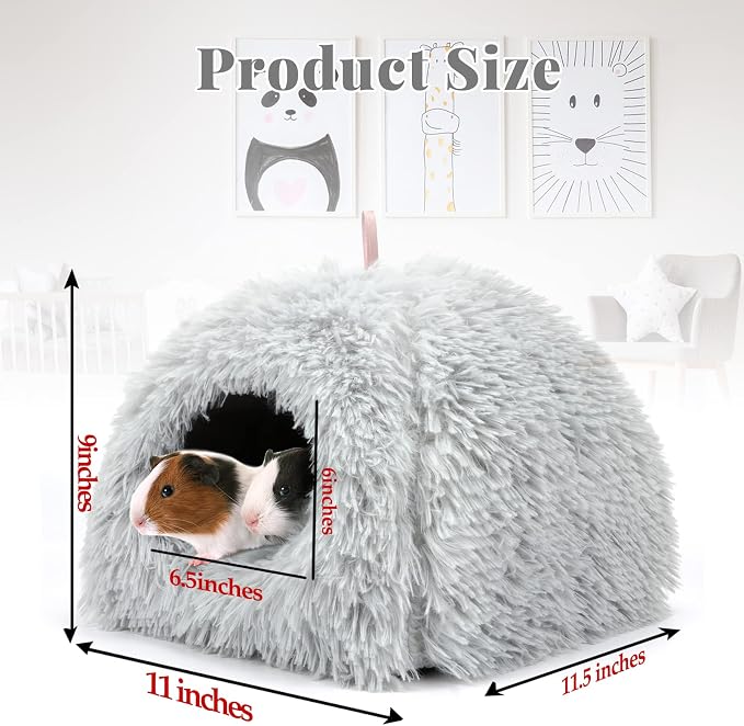 YUEPET Guinea Pig Bed Cave,Warm Guinea Pig Hideout,Light Grey | Cozy Bunny Bed, Washable Long Plush Fabric, Removable Pad, Non-Slip Base, for Ferrets Hamsters Hedgehogs Dwarf Rabbits