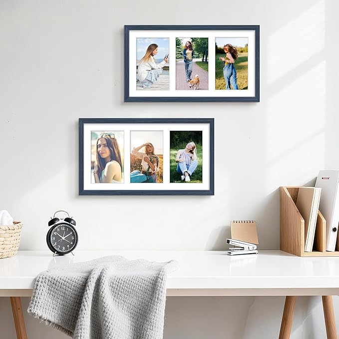 8x14 Collage Picture Frame 4x6 Collage Picture Frame Displays Three 4x6 inch Photos or 8x14 (Without Mat) for Available Horizontal Wall Mounting Display and Vertical Navy Blue
