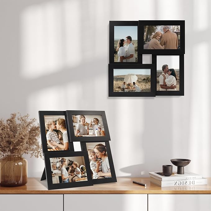 4x6 Collage Picture Frames Set of 1, Multi Family Photo Frame with Real Glass, Displays Four 4x6 Photo, Wall Decor Wall Hanging or Tabletop, Black