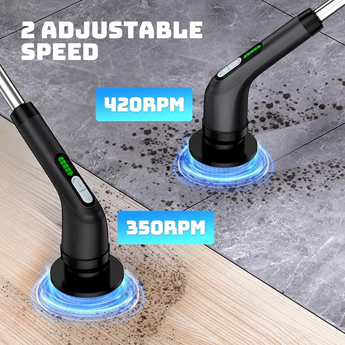 Electric Spin Scrubber, Powerful 2-Speed Cleaning Brush, IPX7 Waterproof with 7 Reusable Brush Heads & Extendable Handle, for Bathroom Toilet Shower Kitchen Wall Tile Floor Grout (Black)