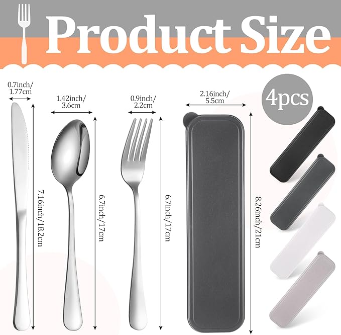 Yinkin 4 Pack Portable Travel Utensils Set with Case Reusable Stainless Steel Silverware Flatware Camping Cutlery Include Fork Spoon Knife for Work School Dishwasher Safe (Classic Color)