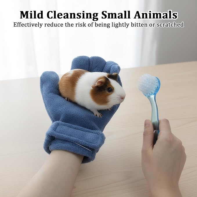1 Pcs Hamster Bite Proof Glove and Grooming Brush Set, Adjustable Hamster Glove, Lid Soft Cleansing Brush Massage Combs, Guinea Pig Brush, Hamster Care Set for Hamsters, Ferrets, Hedgehogs (Blue)