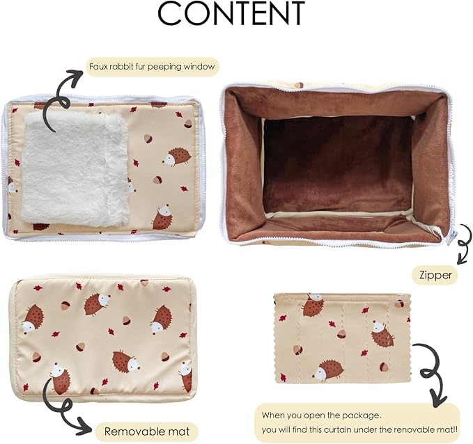 Handmade Portable Sleeping Bag Pouch House Hideout Cave Habitat for Hedgehog Bed Guinea Pig Ferret Squirrel Small Animal Bed Nest House Cage Forest Hidey Curtain (Beige)