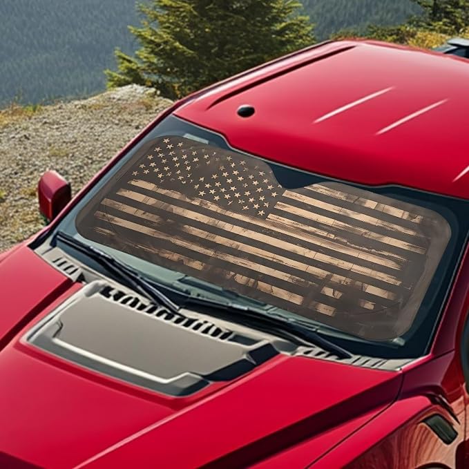 Vintage American Flag Windshield Sun Shade for Front Window Easy to Install Automotive Interior Sun Protection Lightweight Blocking Harmful UV Rays & Heat