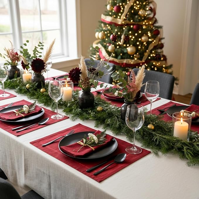 D'Moksha Homes Red Linen Placemats Set of 6 - Classic Hemstitch Placemats 14 x 19 Inch - 100% Pure Linen Table Mats for Fall, Thanksgiving, Christmas, Holiday - Handcrafted and Machine Washable