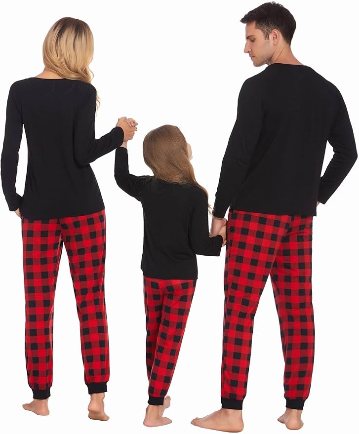 Ekouaer Family Matching Pajamas Christmas Sleepwear Long Sleeve Sleep Shirt with Plaid Pants Soft Loungewear Pjs Set S-XXL
