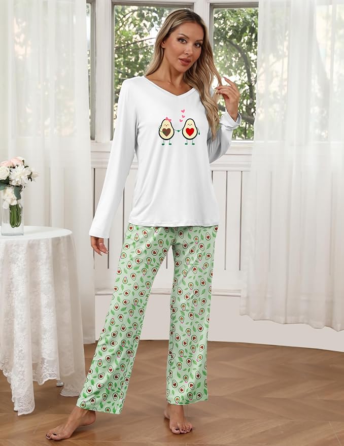 Ekouaer Womens 2 Pack Pajama Set Long Sleeve Pajamas Top and Pants V Neck Pjs Set Soft Loungewear with Pockets