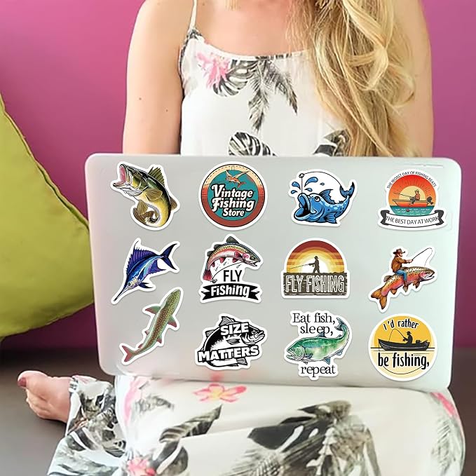 50Pcs Go Fishing Sticker, Cute Fish Stickers for Kids Teens Adults, Vinyl Cartoon Animals Decals Kawaii Outdoor Fishing Sticker for Decor Water Bottles Laptops Guitar Scrapbook
