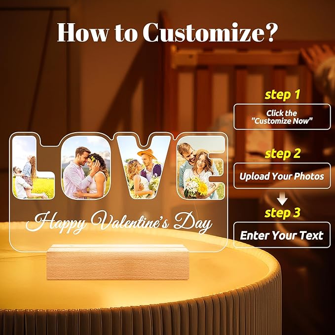 Custom Picture Frames with Photo, Personalized Photo Frame with Night Light, Customized Couples Gifts, Personalized Christmas Anniversary Valentines Gifts for Women Men Her Him Girlfriend Boyfriend