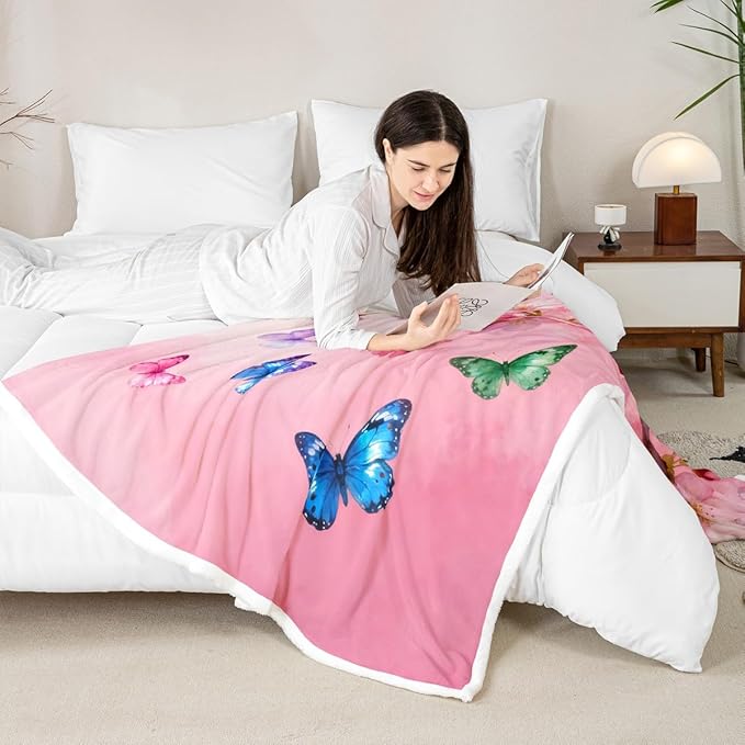 Feelyou Girls Pink Butterfly Fleece Throw Blanket Queen 90"x90" Kids Cherry Blossom Sherpa Blanket Plush Fuzzy for Bed Couch Chair Living Room, Floral Flower Bed Blanket Room Decor