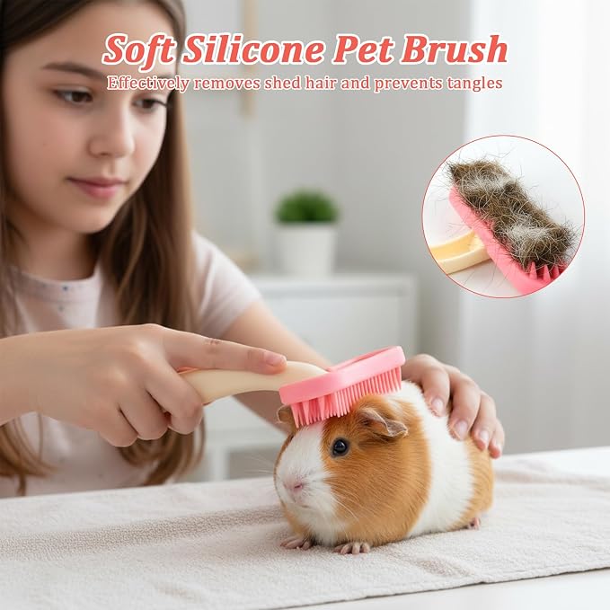 Guinea Pig and Bunny Brush, Beauty Silicone Brush, Soft Smoothing Dog Brush, Shedding Season Helps Untangle Mats and Comb Loose Fur for Chinchillas, Rabbits, Guinea Pigs and Puppies (Pink)