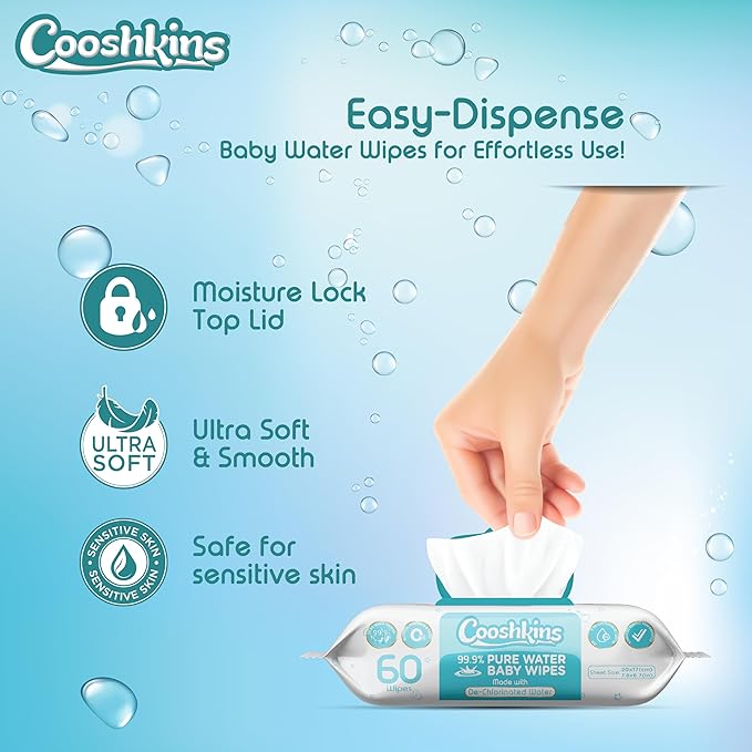 Bulk 540 Wipes – 60 Count (Pack of 9) De-Chlorinated Pure Water Baby Wipes | Gentle Unscented Wipes for Sensitive Skin | 99.9% Pure Water Based | Alcohol-Free, Paraben-Free | Soft & Thick