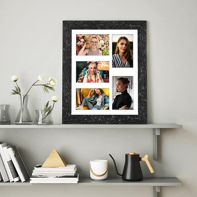 11x14 Picture Frame Display 5 opening 4X6 Picture Frame Collage,Multi Photo Frame with Mat,Plexiglass,Wall or Tabletop Decor,Black Wood Grain