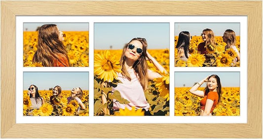 11x23 Picture Frame Display 5 opening 5x7 and 8x10 Picture Frame Collage,Multi Photo Frame with Mat,Plexiglass,Horizontal and Vertical Formats for Wall Decor,Natural Wood Grain