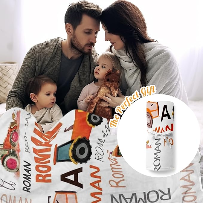Personalized Tractors Blanket - Custom Name with Farm Tractor Trucks Design - Soft Plush Flannel Bed Blanket for Baby Kid Teen Boys Girls Customized Gifts White & Orange