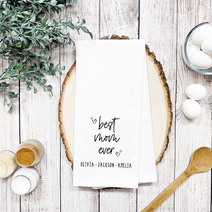 Andaz Press Personalized Kitchen Towel, Flour Sack Tea Towel, Best Mom Ever Custom Kid Names Kitchen Gifts Birthday for Mom Daughter, Grandma Her, Wife, Kitchen Decor, Hand Towel
