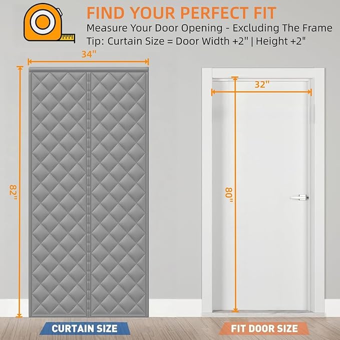 Magnetic Thermal Insulated Door Curtain 34''x82''-Fits 32''x80'' Door Opening, Cotton-Filled Weatherproof Oxford, Thermal Curtain for Winter, Keep Cold Out, Drill-Free & Easy Install, Grey
