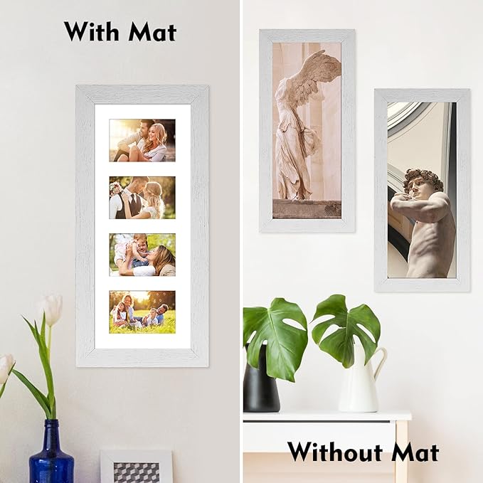 8x20 Picture Frame Display 4 opening 4X6 Picture Frame Collage,Multi Photo Frame with Mat,Plexiglass,Wall or Tabletop Decor,Distressed White Wood Grain