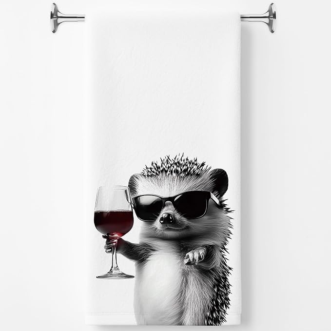 Funny Hedgehog Kitchen Towels, Hedgehog Gifts Dish Tea Towel, Bar Towels for Bartender, Wine Lover Gift, 16x24 Inch（Upgraded Fabric）