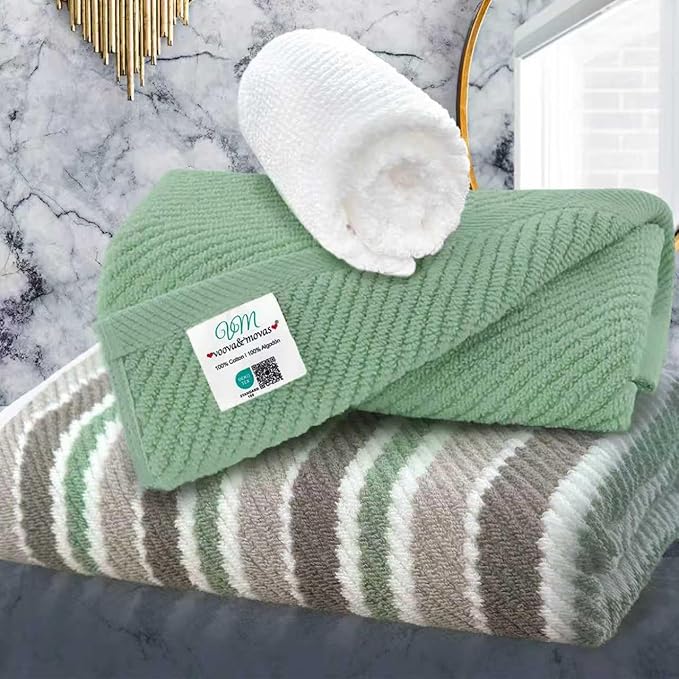 VOOVA & MOVAS Towel Set for Bathroom - 100% Cotton, Quick Dry, Thick, 3 Piece Towel Set, 1 Stripe Large Bath 30"x54", 1 Blue Hand 18"x28",1 Grey Washcloth 13"x13", Bathroom Essentials