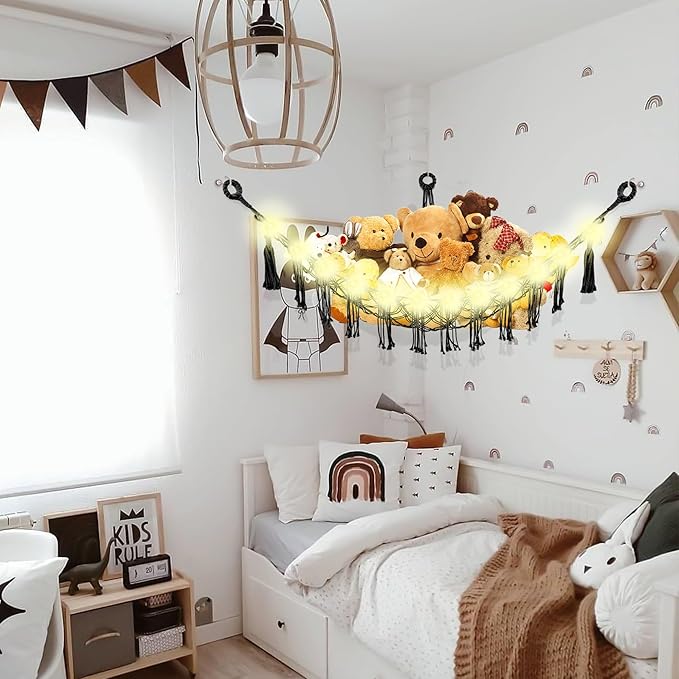 CERETIA Stuffed Animal Hammock with LED Light, Large Stuffed Animals Storage Corner Plushie Net for Kids Room Decor, 2 Packs Black