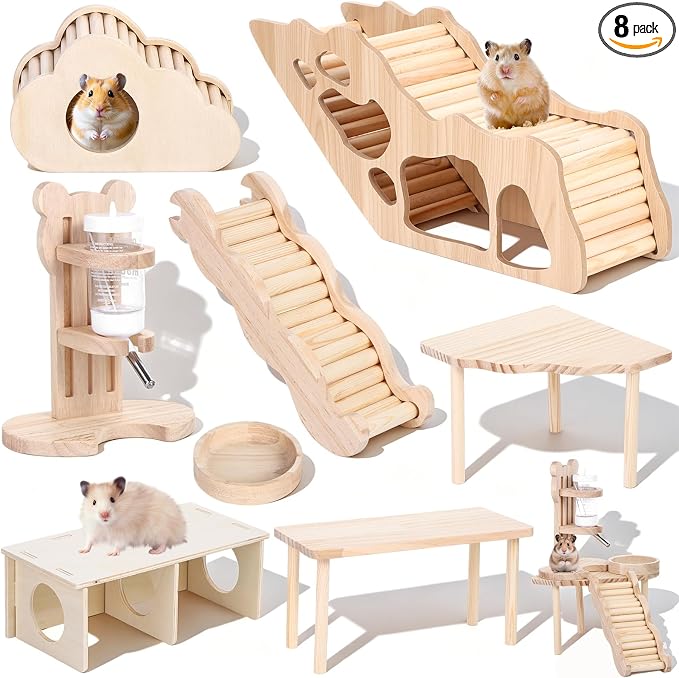 8 Pcs Hamster Platform Hideout Hamster Cage Accessories Wooden Bridge Tunnel Climbing Ladder Playhouse Maze House Platform Feeding Bowl Water Bottle Set for Dwarf Hamsters Gerbils Small Animals Pet