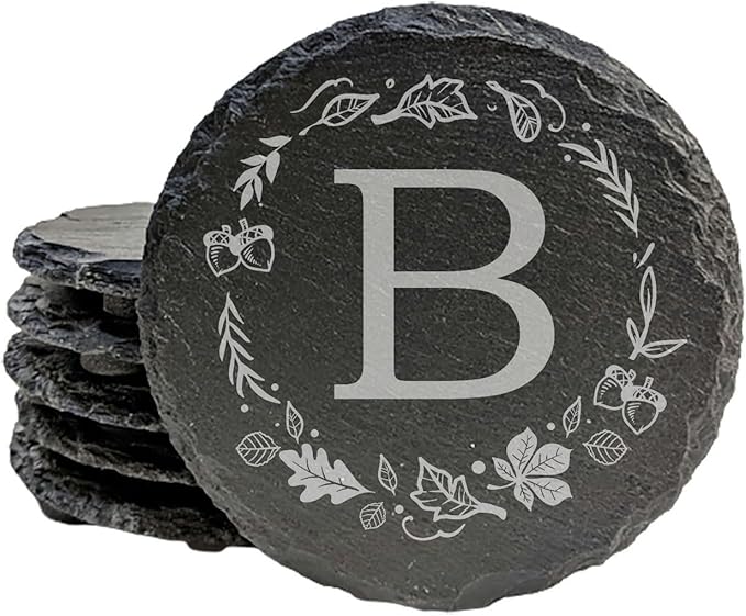 Personalized Monogram Family Coasters, Natural Stone Set, Birthday, Wedding, Customized, Rustic - Round Slate - Set of 5