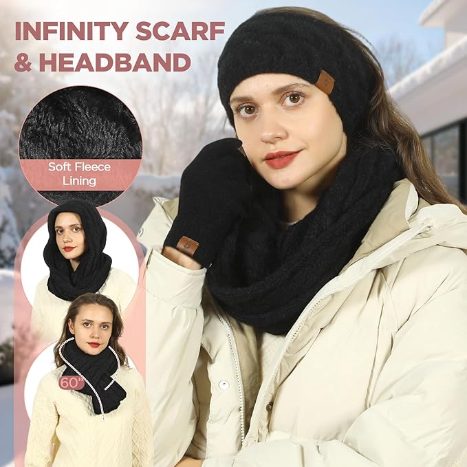 Womens Beanie Hat Infinity Scarf Touchscreen Gloves Fleece Headband 4 in 1 Winter Clothes Set Gifts for Women
