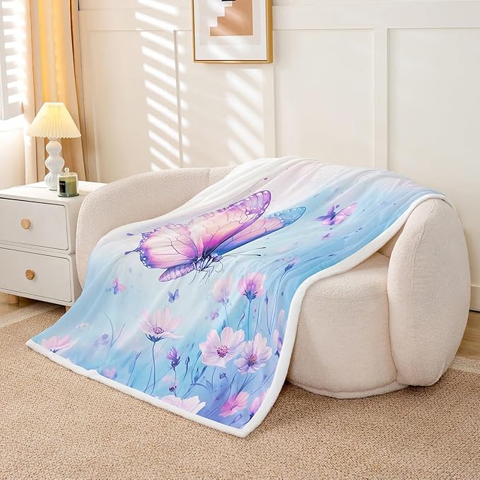 Feelyou Girls Fleece Throw Blanket 40"x50" Kids Blue Butterfly Sherpa Blanket Plush Fuzzy for Bed Couch Chair Living Room, Floral Flower Bed Blanket Cute Watercolor Room Decor