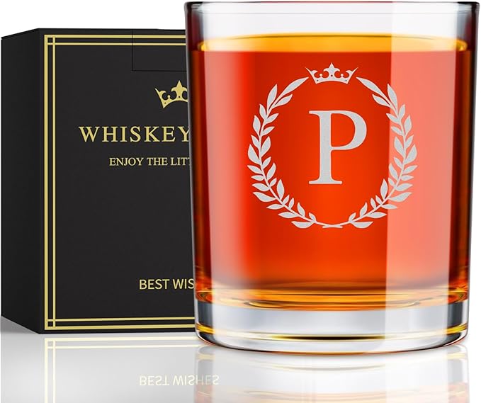 Personalized Whiskey Glasses Gifts for Men, Monogrammed Engraved A-Z 10.6 oz Rocks Glass Customized Gift, Unique Christmas Birthday Gifts for Men Him Dad Husband Brother Son (P)