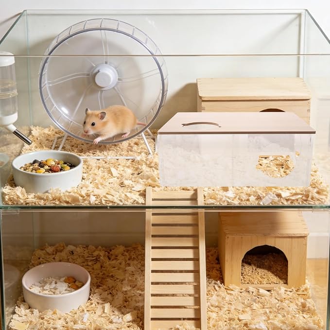 Hamster Hideout Box with 3-Chamber Acrylic Design for Small Pets Like Chinchillas and Gerbils, Multi-Chamber Resting House with Easy Maintenance and Exploration Tunnel, 11x8x4 Inch