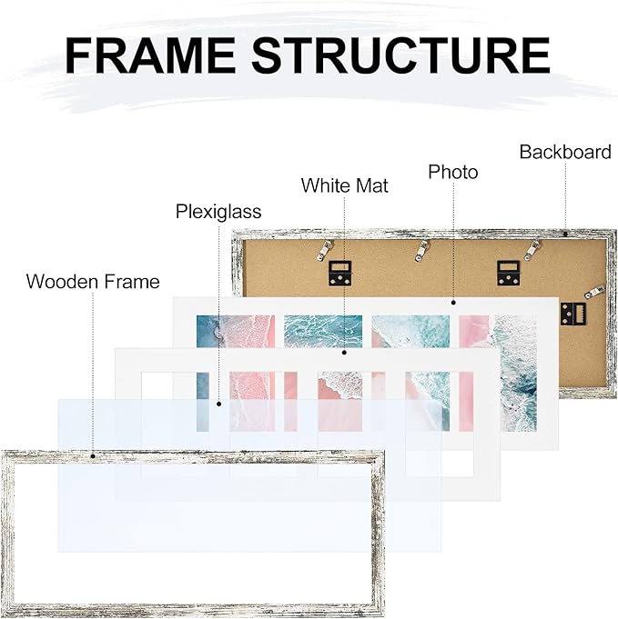 Vittanly 8x20 Collage Picture Frame, Displays 4Pcs 4x6 Pictures with Mat or 1Pcs 8x20 without Mat, Picture Frames Collage Wall Decor for Horizontal or Vertical Display, Distressed White, 1 Pack